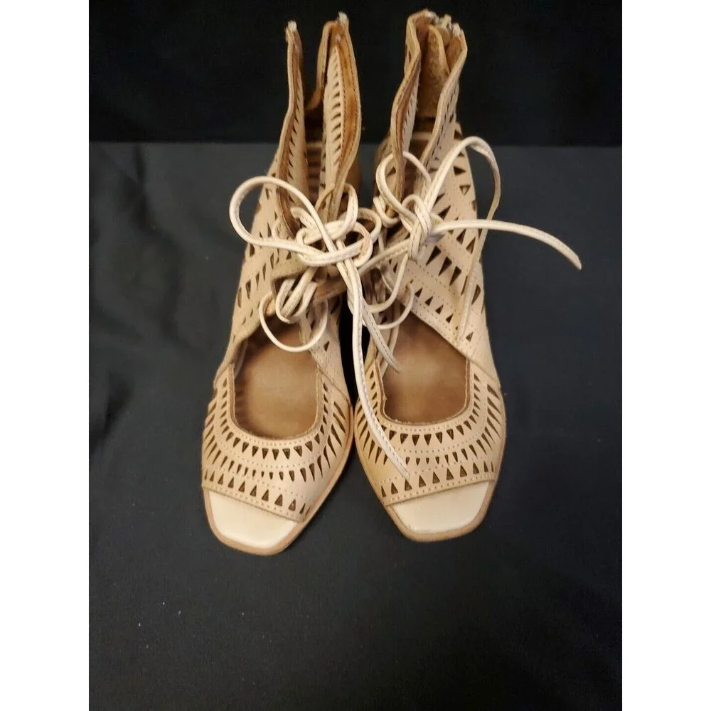Jeffrey Campbell Rodillo Laser Cut Lace Up Wedge Leather Sandals Shoes Size 7